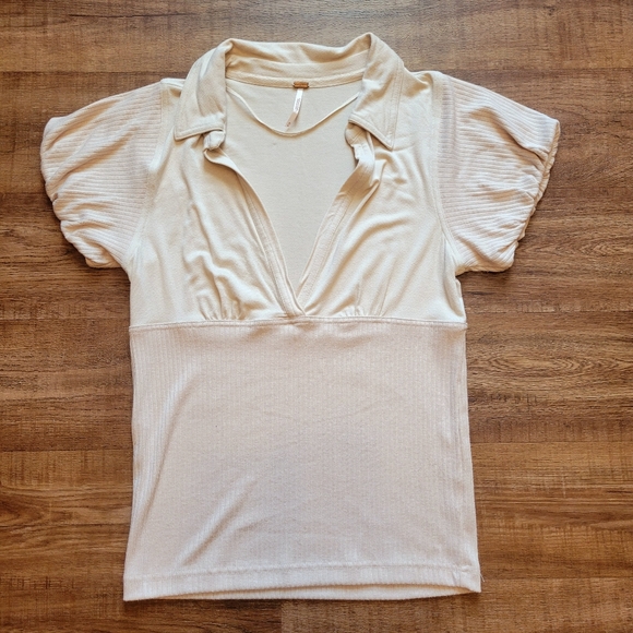 Free People Tops - Free People Almond Molly Collared Tee Ribbed Stretchy Short Sleeve Top